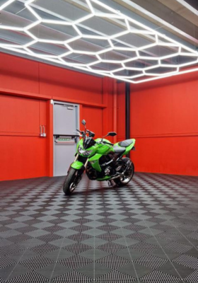 Motorcycle storage room with Tuff-tile flooring -Tuff RIB04 black