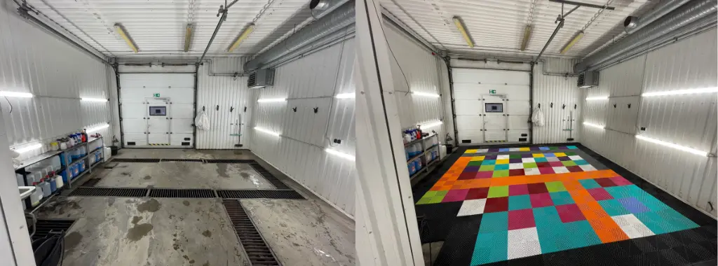 Enne ja pärast pilt Tuff-Tile põrandaplaadi kasutamisest autopesulas