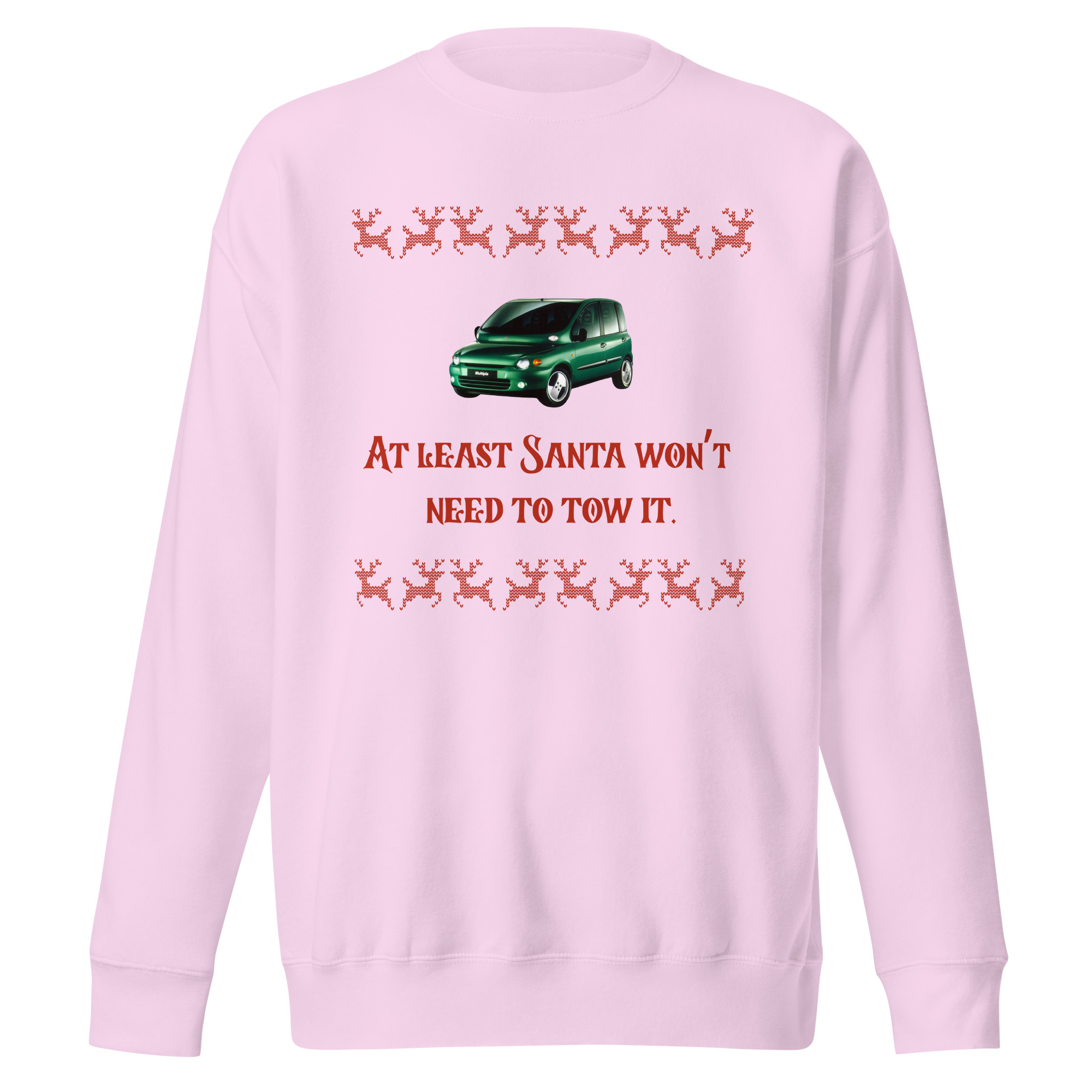 Roosa kole jõulu kampsun rohelise Multipla pildiga ja naljaga “At least Santa won’t need to tow it”, pluss punased pikslilised põhjapõdrad ekstra koleduspunktideks
